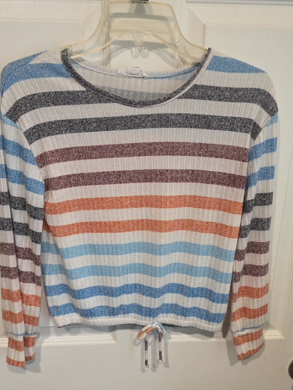 Striped Knit Tie-Hem Long Sleeve Top - Multi Blue